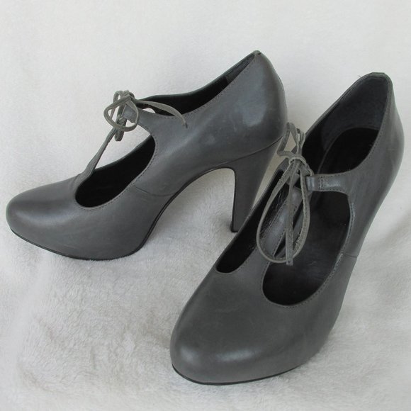 Comptoir des Cotonniers Grey Leather Mary Jane Lace-Up Heels Size 37 - Picture 1 of 12